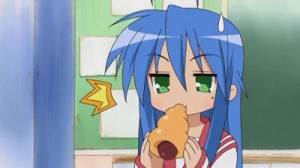 Konata is enjoying a chocolate cornet in the worst way possible.